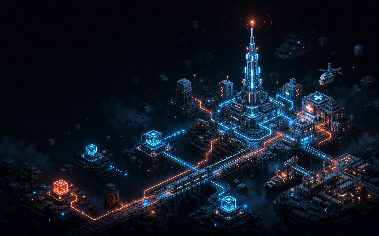 Connected voxel city systems with radio and medical infrastructure